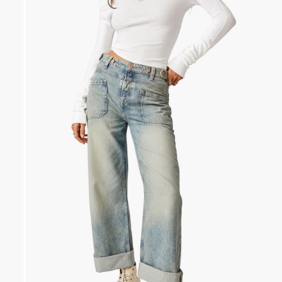 New! Free People Palmer Cuffed Baggy Wide Leg Jeans Blue Gray 2124 - Picture 3 of 14